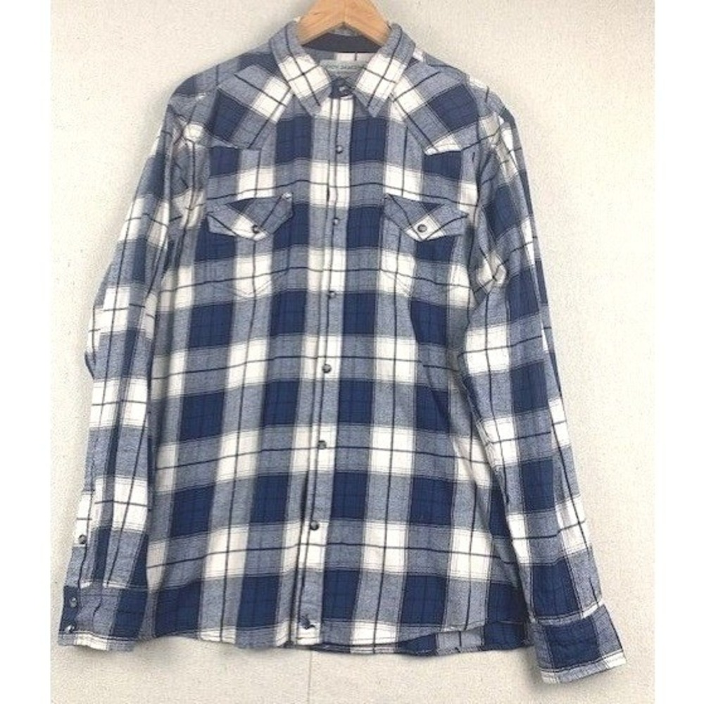 Cody James Mens Blue White Plaid Western Snap Flannel Shirt Size Large Long Slv
